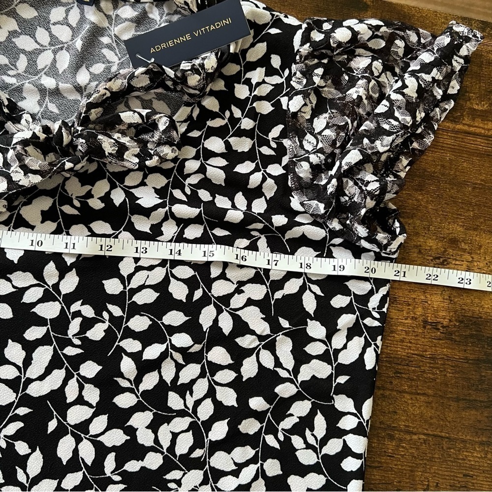 Adrienne Vittadini Blouse NWT Black White Leaf Prnt Lace Sleeve Tie Neck VK32766 - Picture 9 of 12